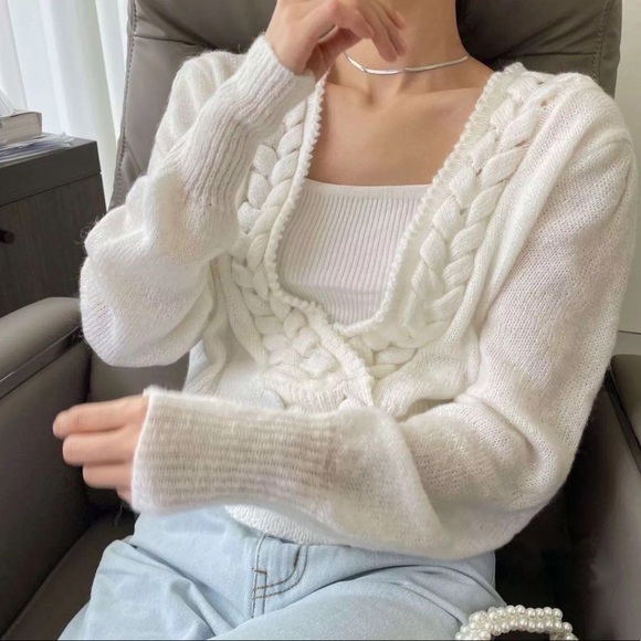 Cardigan sweater thin braided twist button white long sleeve fall winter top - Picture 2 of 4